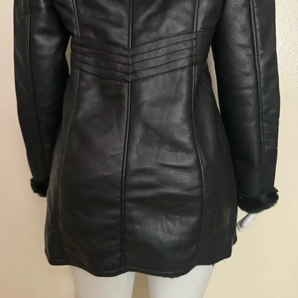 Black PU leather long jacket with sherpa lining removable faux fur on hoodie - Picture 8 of 14